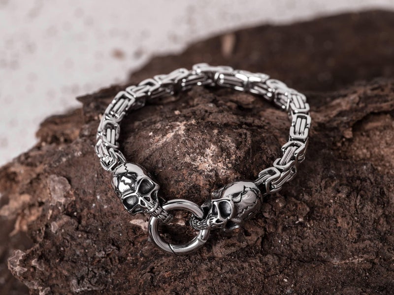 HAQUIL Skull Bracelet, Stainless Steel Byzantine King Chain Skull Linked Bracelet, Skull Jewelry Gift for Men - Image 3